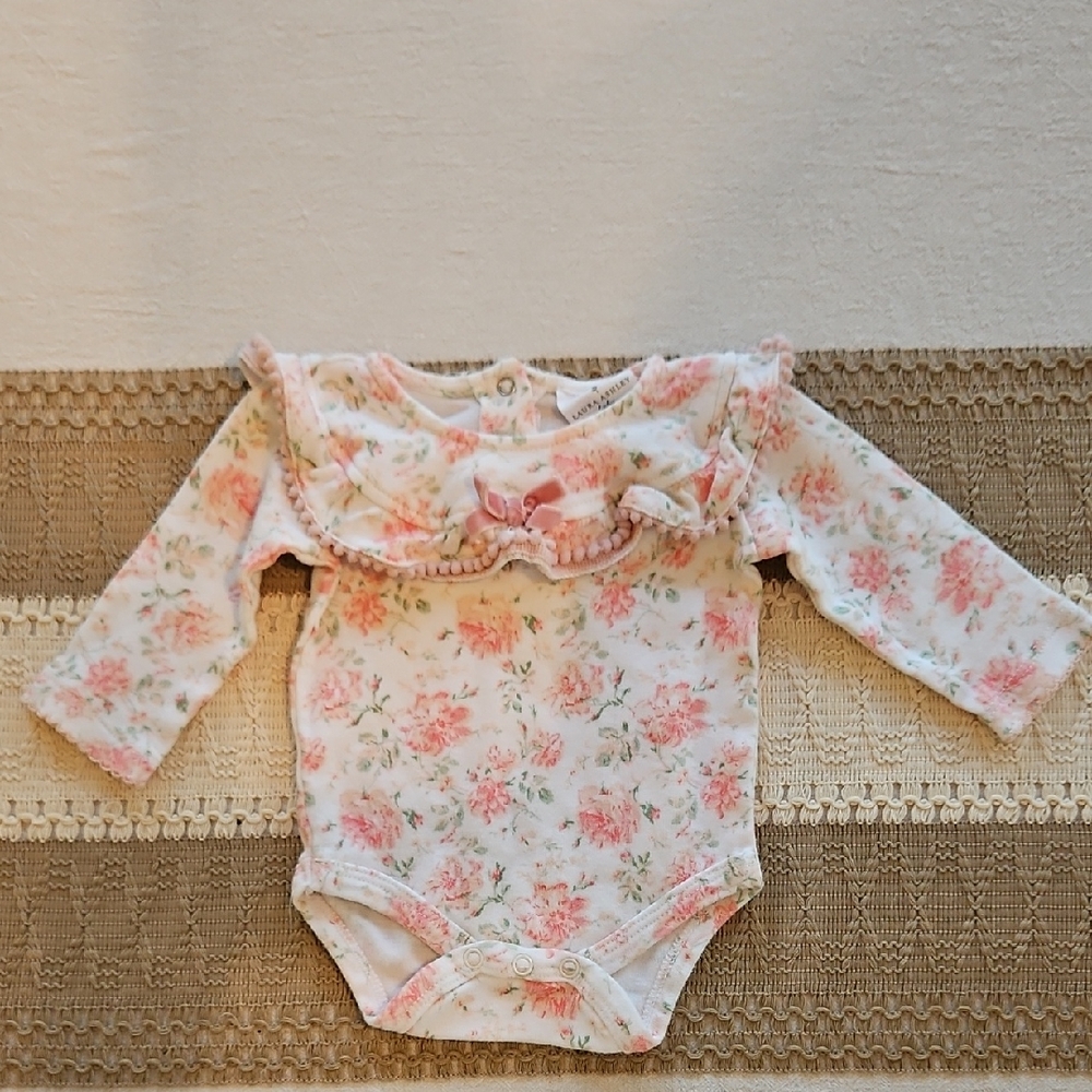Laura Ashley Pink Floral Ruffle Bodysuit Sz 0-3M